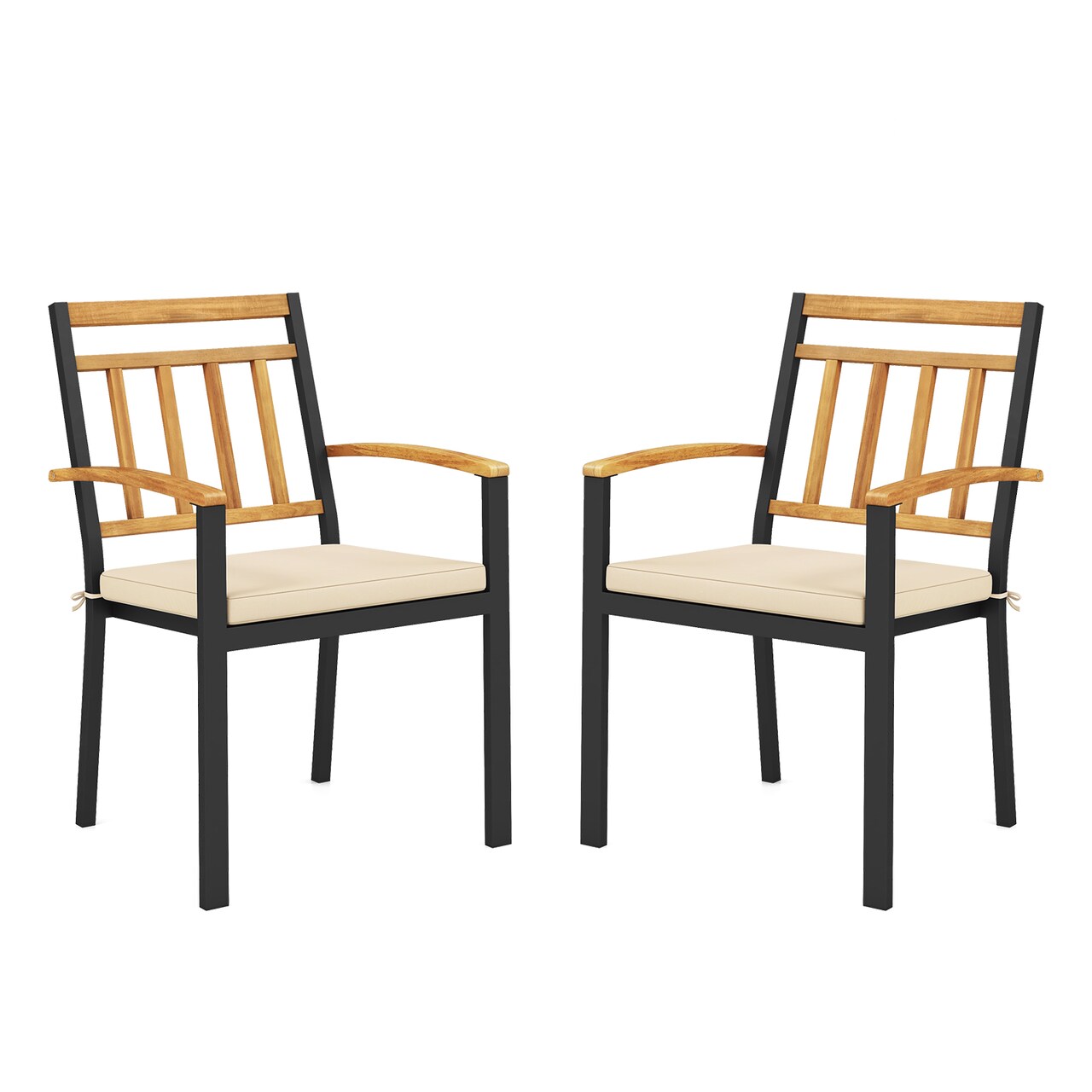 Set of 2 Black Metal Acacia Wood Patio Dining Chairs with Cushioned Seats